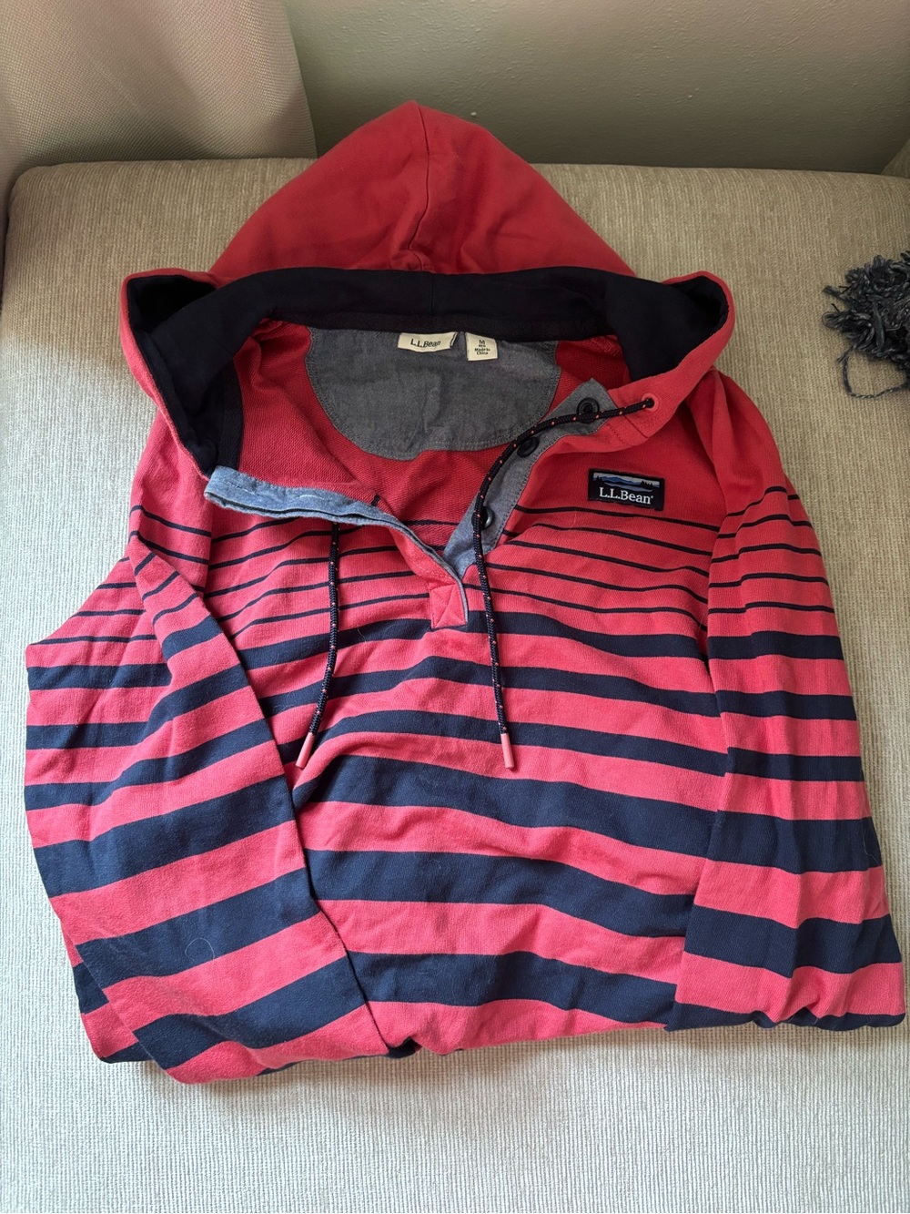 L.L. Bean Red and Navy Striped Zip Hooded Sweater